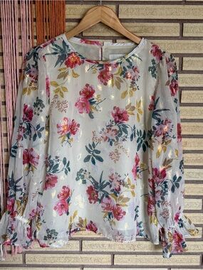 Floral Top with Metallic Thread - Loft - Medium - Size 8 - 10 - Boho Blouse